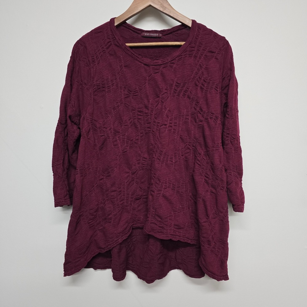Cut Loose Textured High-Low Tunic Top Womens L Burgundy Cotton Blend Artsy